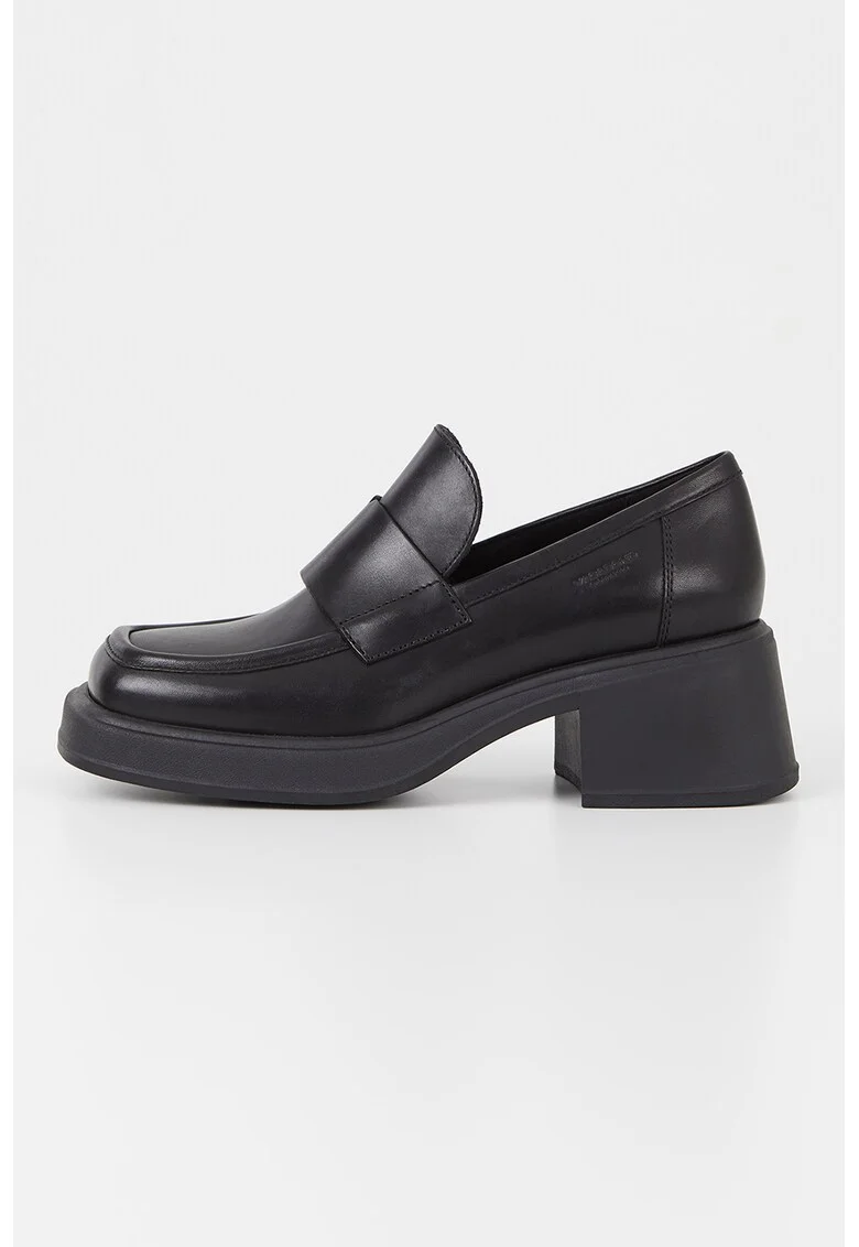 Pantofi loafer de piele cu toc masiv, Negru