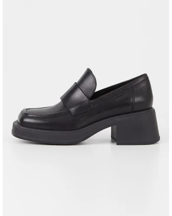 Pantofi loafer de piele cu toc masiv, Negru