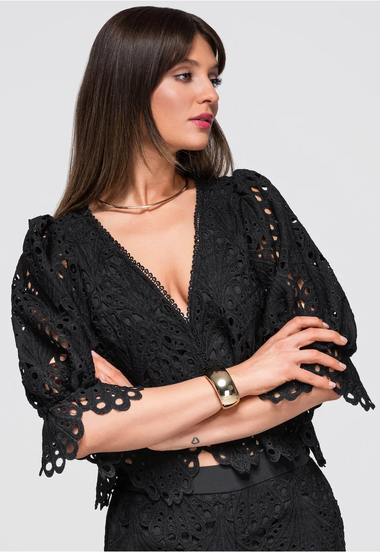 Bluza dama scurta cu decolteu V si maneci bufante, slim fit OW-TS-E0043, Negru