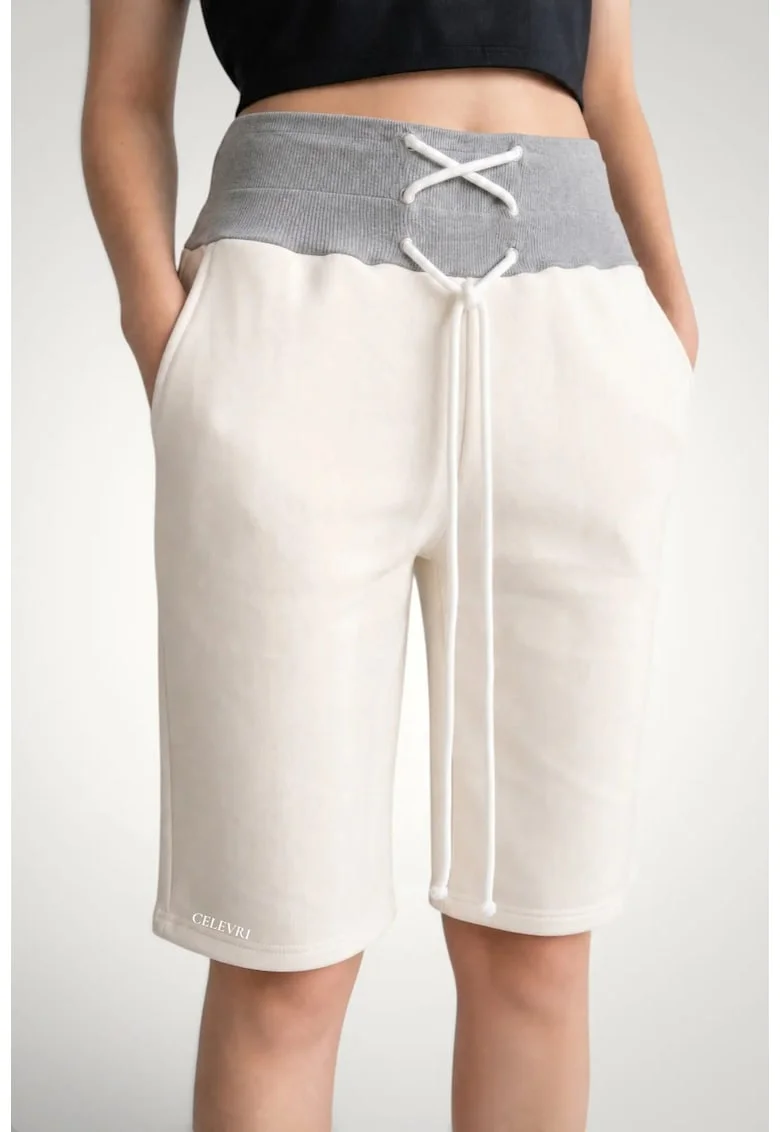 Pantaloni scurti 3/4 de dama, din bumbac premium, cu snur incrucisat in talie, Alb