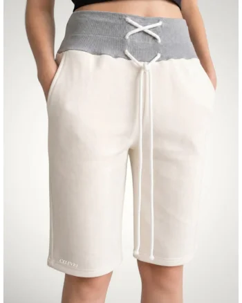 Pantaloni scurti 3/4 de dama, din bumbac premium, cu snur incrucisat in talie, Alb