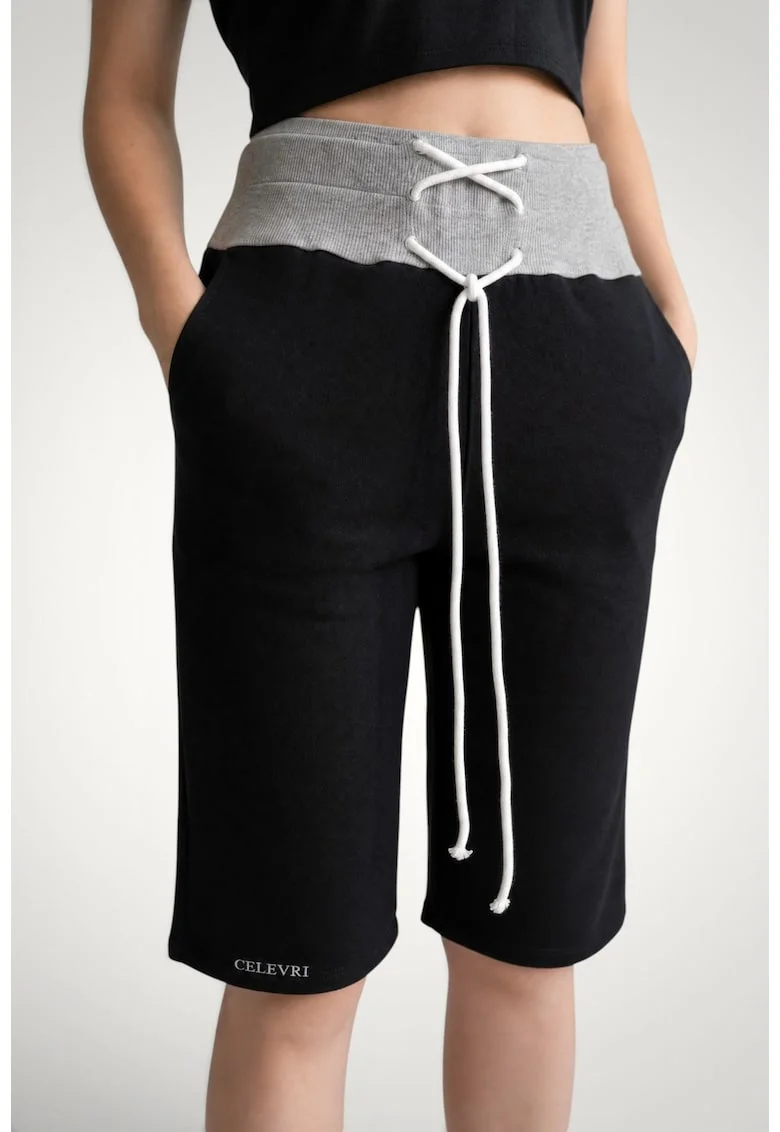 Pantaloni scurti 3/4 de dama, din bumbac premium, cu snur incrucisat in talie, Negru