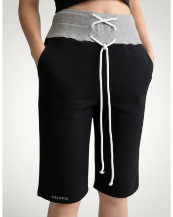 Pantaloni scurti 3/4 de dama, din bumbac premium, cu snur incrucisat in talie, Negru