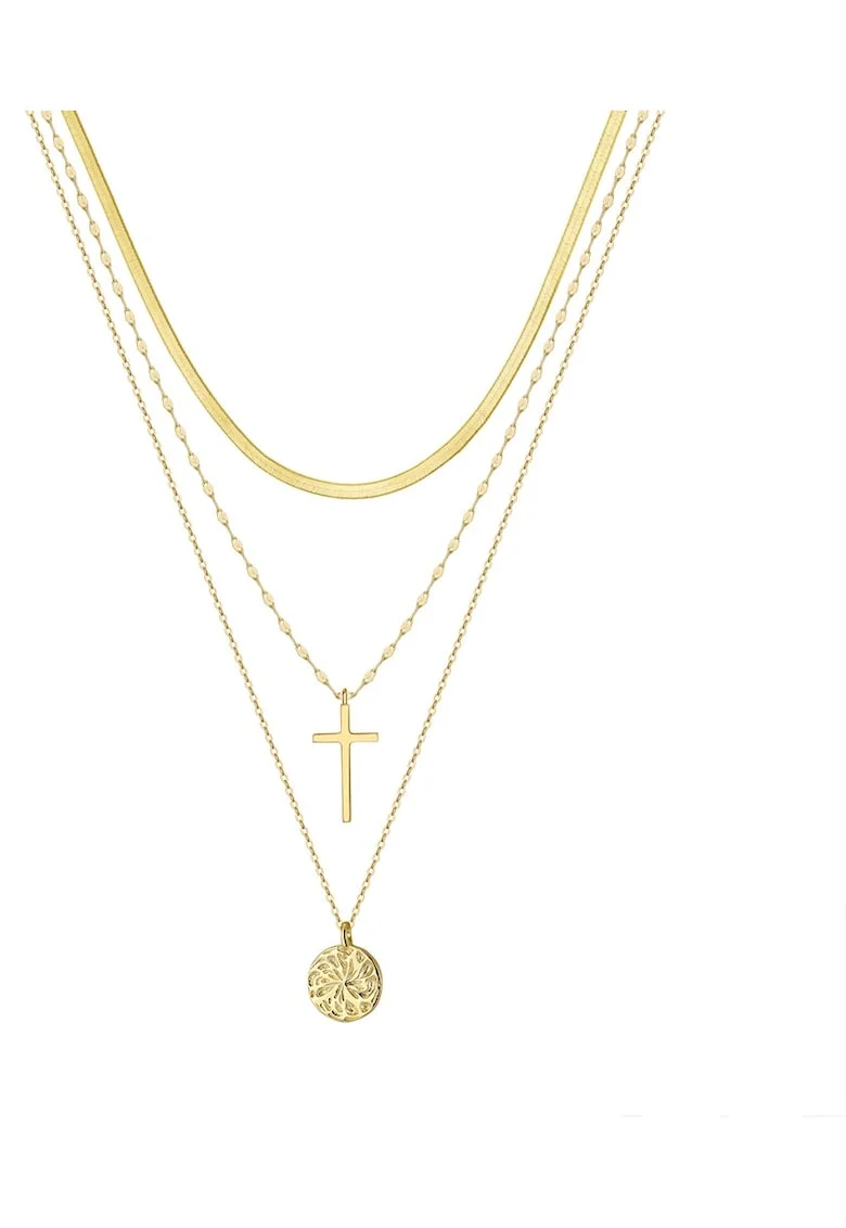 Colier Argint Triplu Snake, Cruce, Medalion Vintage, Placat cu Aur