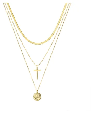 Colier Argint Triplu Snake, Cruce, Medalion Vintage, Placat cu Aur