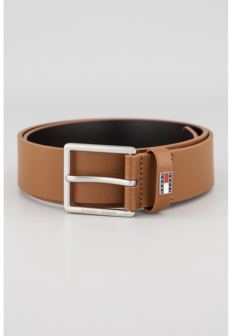 Curea de piele cu placuta logo, Maro cognac