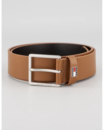 Curea de piele cu placuta logo, Maro cognac