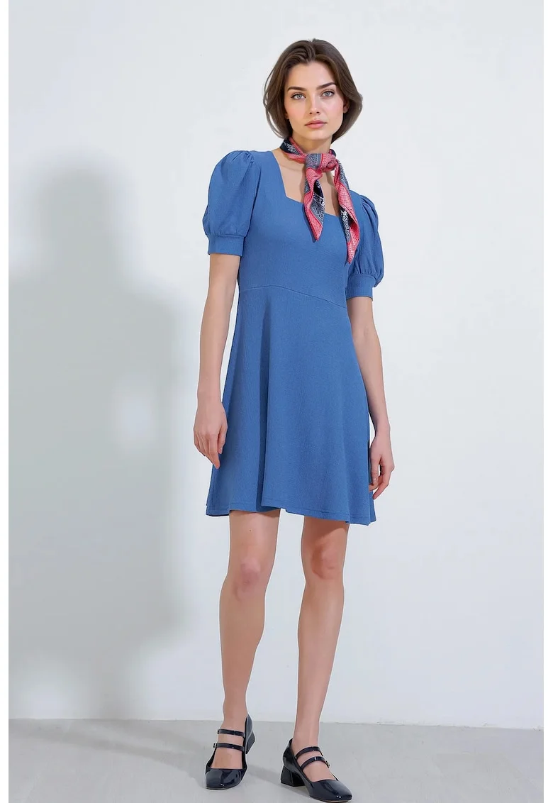 Rochie mini tricotata, HiCCUP, guler patrat, albastru, poliester