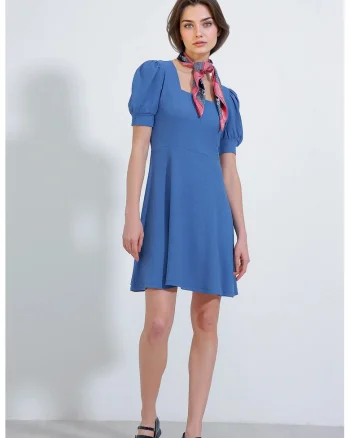 Rochie mini tricotata, HiCCUP, guler patrat, albastru, poliester
