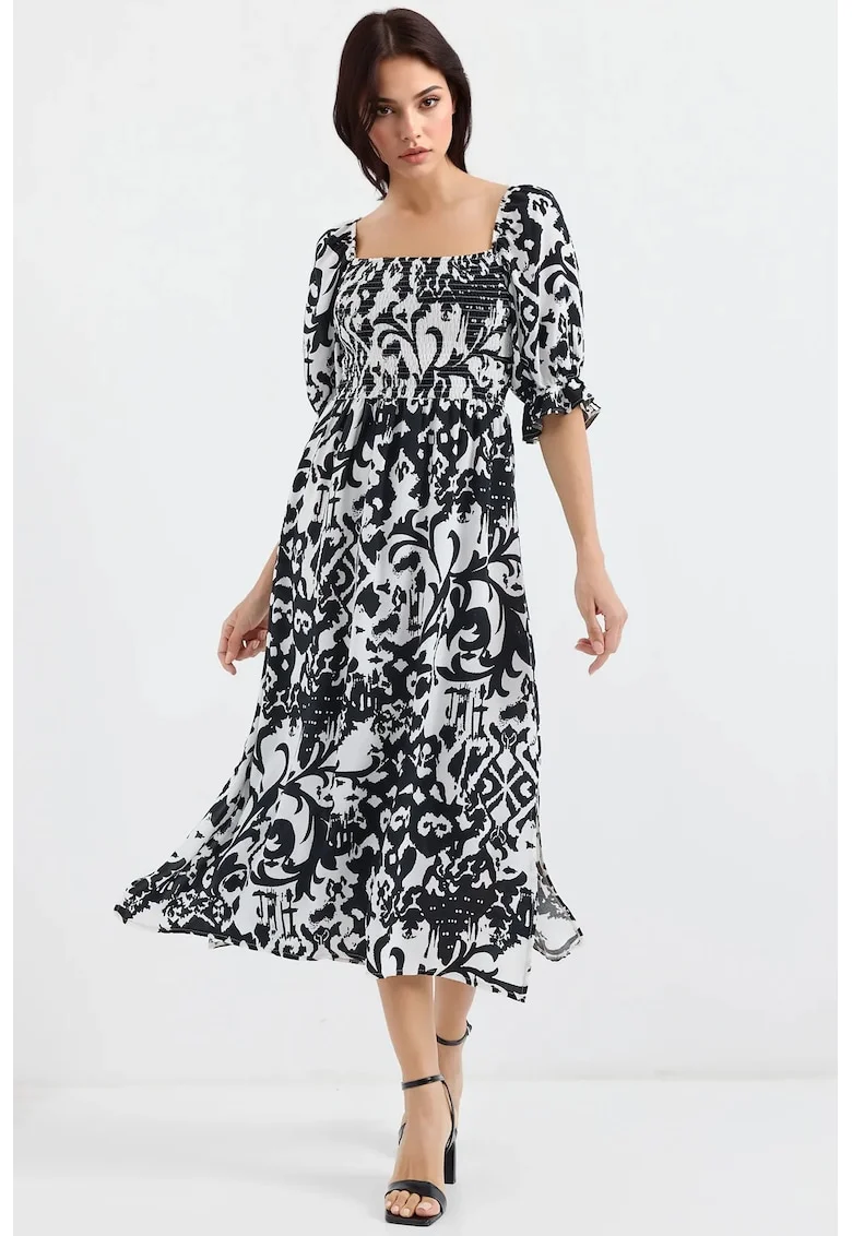 Rochie midi, HiCCUP, imprimeu, guler patrat, crapatura, negru, viscoza