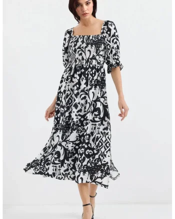 Rochie midi, HiCCUP, imprimeu, guler patrat, crapatura, negru, viscoza
