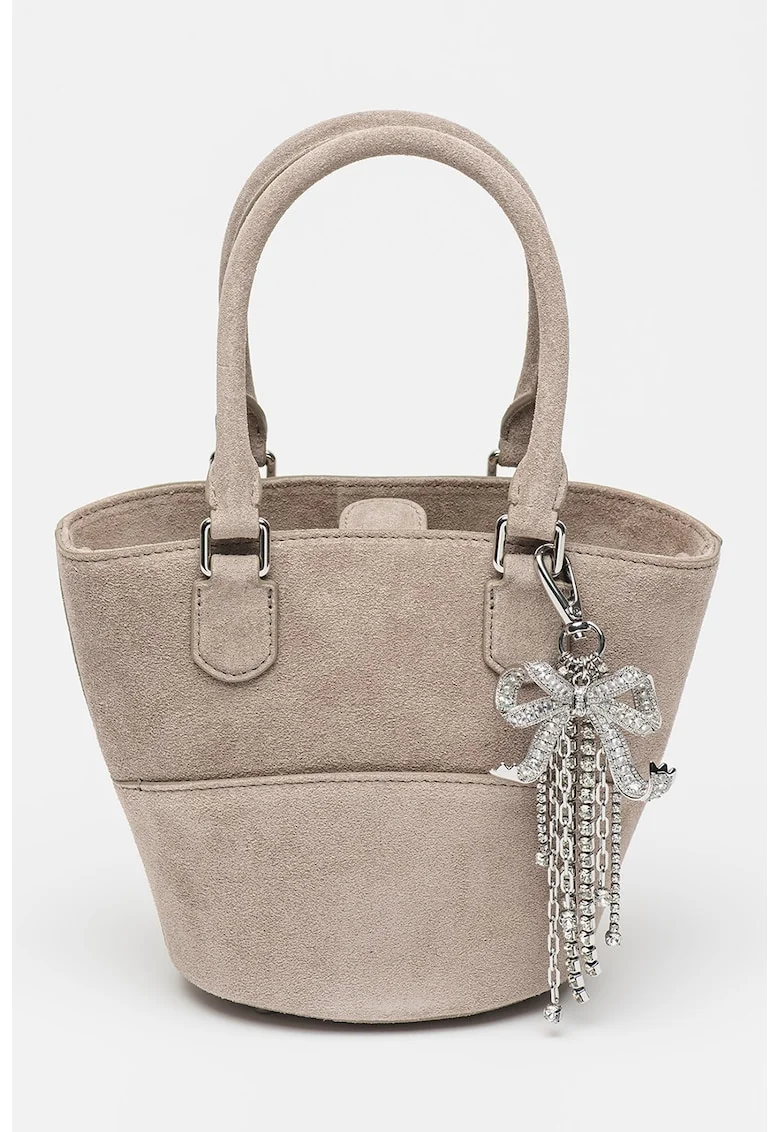 Geanta bucket din piele intoarsa cu talisman cu cristal, Grej