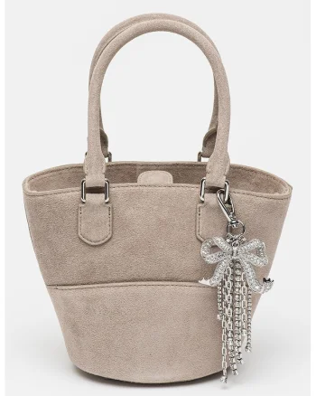 Geanta bucket din piele intoarsa cu talisman cu cristal, Grej