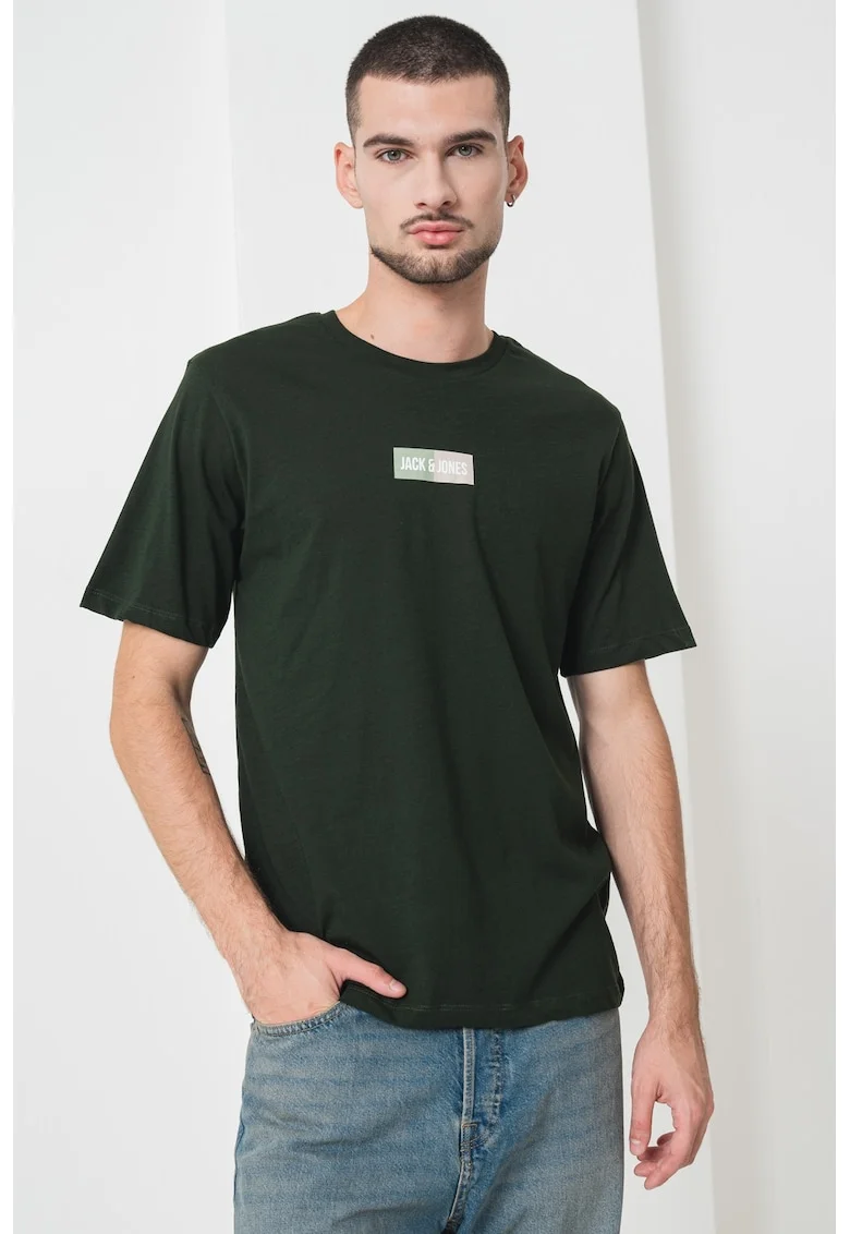 Tricou din bumbac cu decolteu la baza gatului si logo, Verde englez