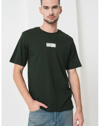 Tricou din bumbac cu decolteu la baza gatului si logo, Verde englez