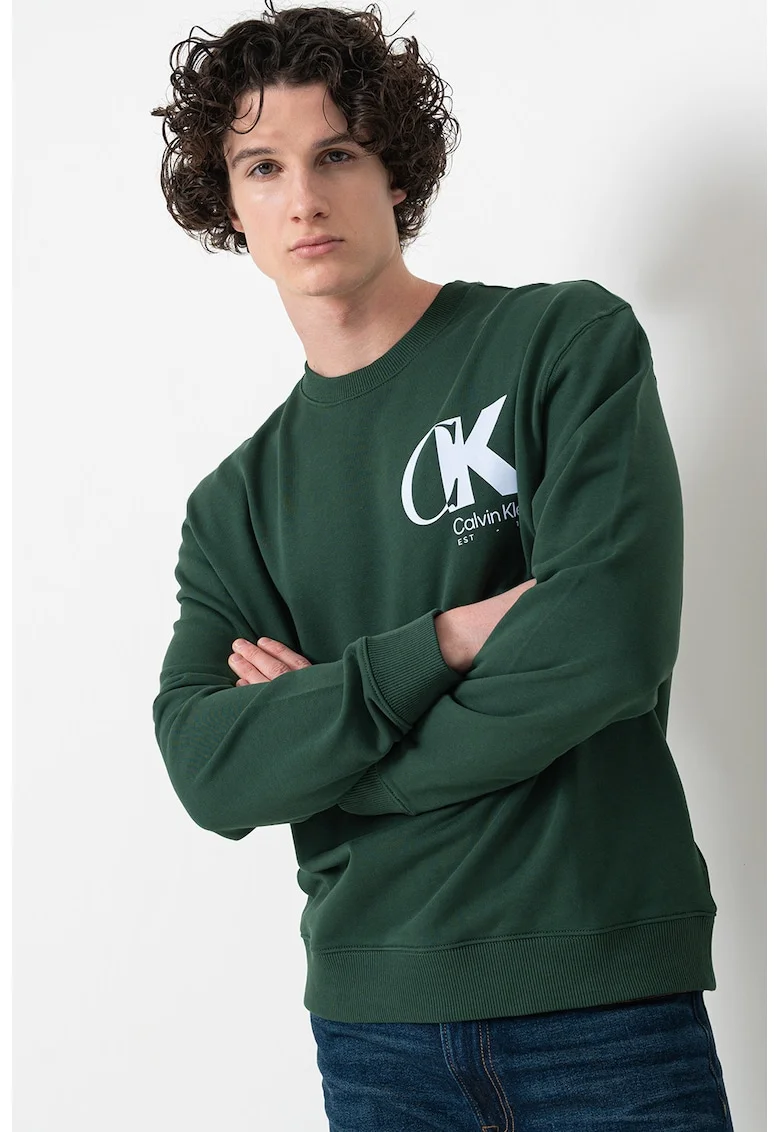 Bluza de trening lejera cu imprimeu logo pe piept, Verde englez/Albastru glaciar