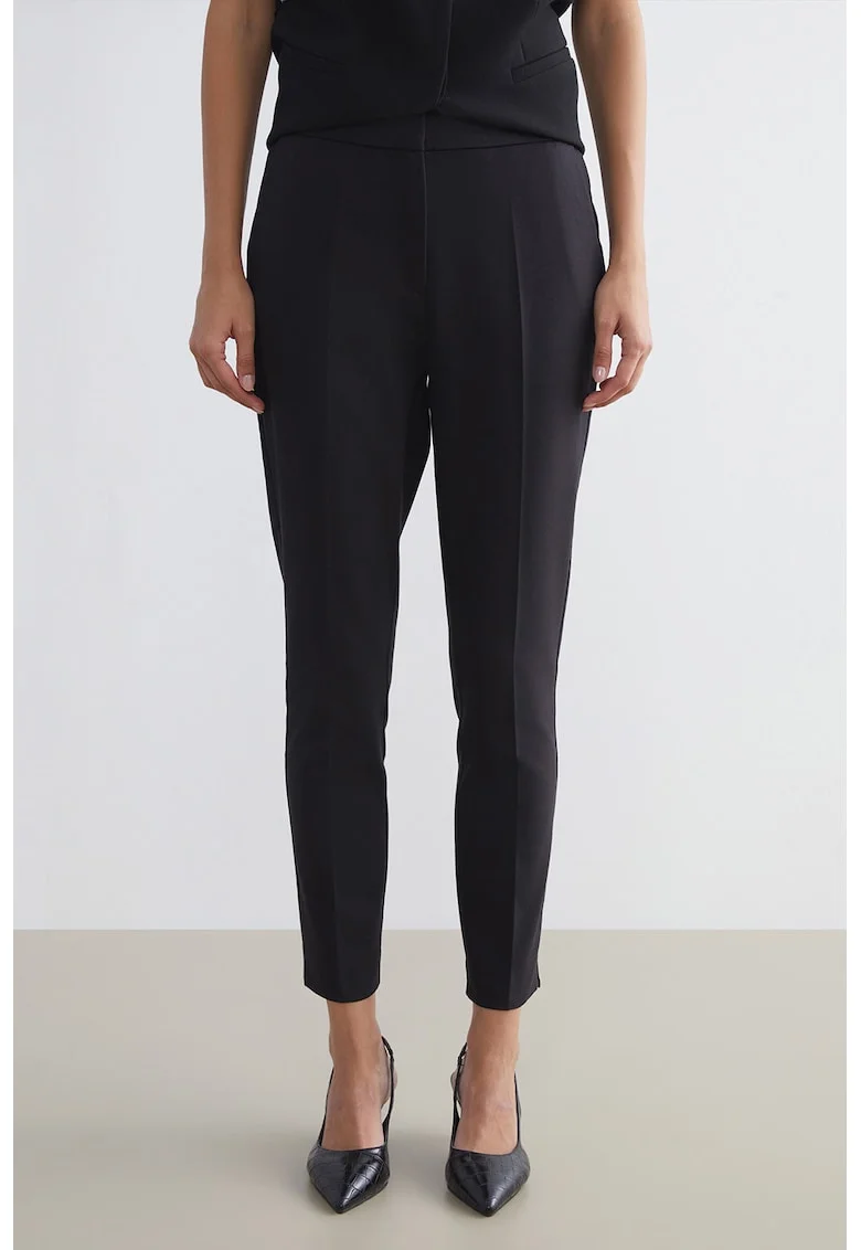 Pantaloni crop cu croiala conica si pensa, Negru