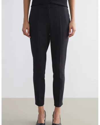 Pantaloni crop cu croiala conica si pensa, Negru