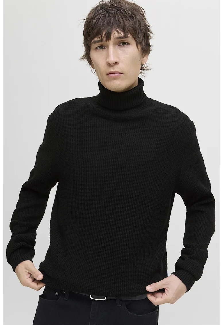 Pulover cu guler inalt si model uni, Negru