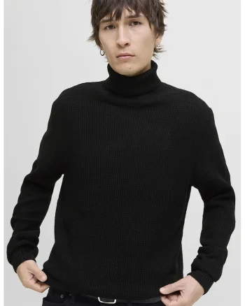 Pulover cu guler inalt si model uni, Negru