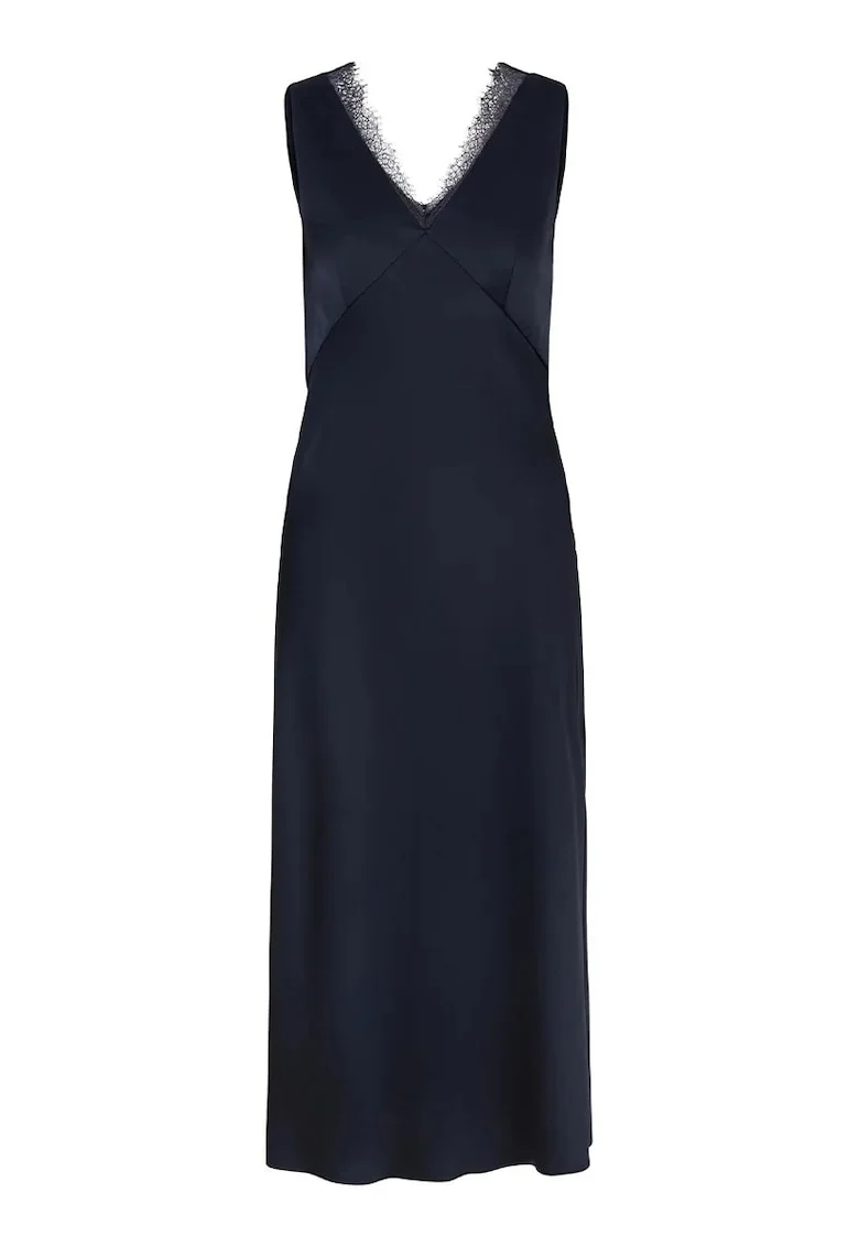 Rochie midi fara maneci cu decolteu in V si detalii tip dantela, Albastru inchis