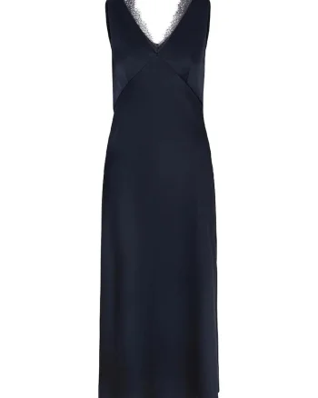 Rochie midi fara maneci cu decolteu in V si detalii tip dantela, Albastru inchis