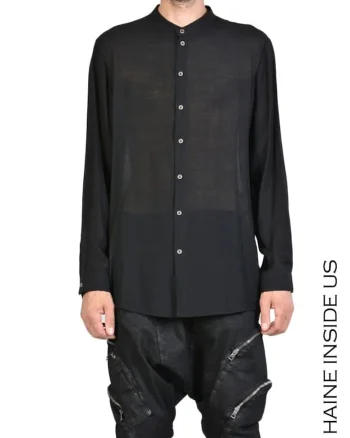 Cămașă slim fit cu guler tunică, Negru