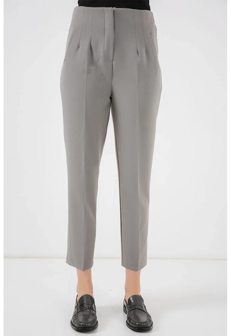 Pantaloni dama, HiCCUP, poliester/viscoza, slim fit, talie inalta, gri, Gri