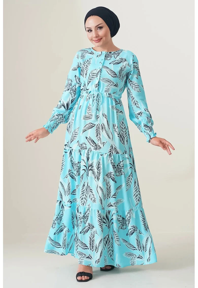 Rochie maxi dama, HiCCUP, viscoza, decolteu rotund, albastru deschis