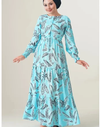 Rochie maxi dama, HiCCUP, viscoza, decolteu rotund, albastru deschis