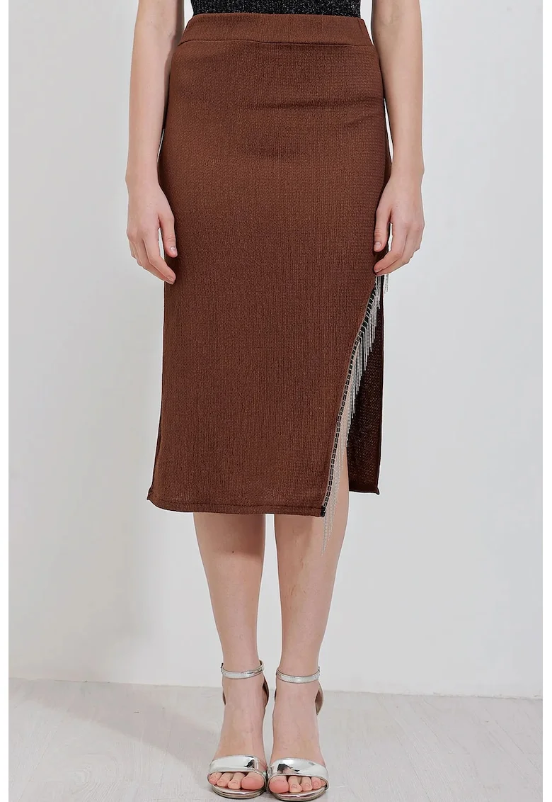Fusta midi HiCCUP texturata, maro, poliester-lycra