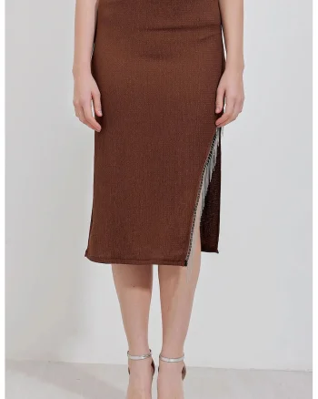 Fusta midi HiCCUP texturata, maro, poliester-lycra
