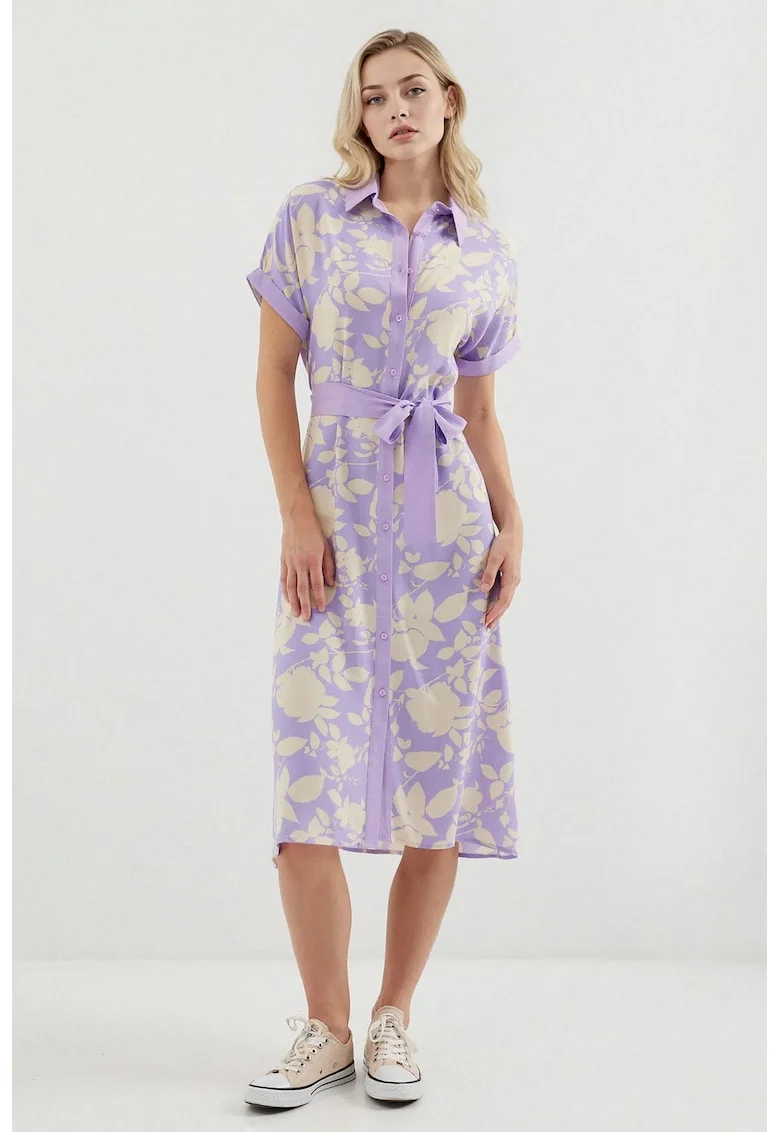 Rochie midi dama HiCCUP, imprimeu floral, viscoza, violet/crem
