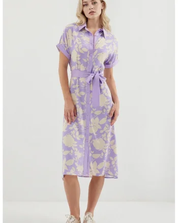 Rochie midi dama HiCCUP, imprimeu floral, viscoza, violet/crem