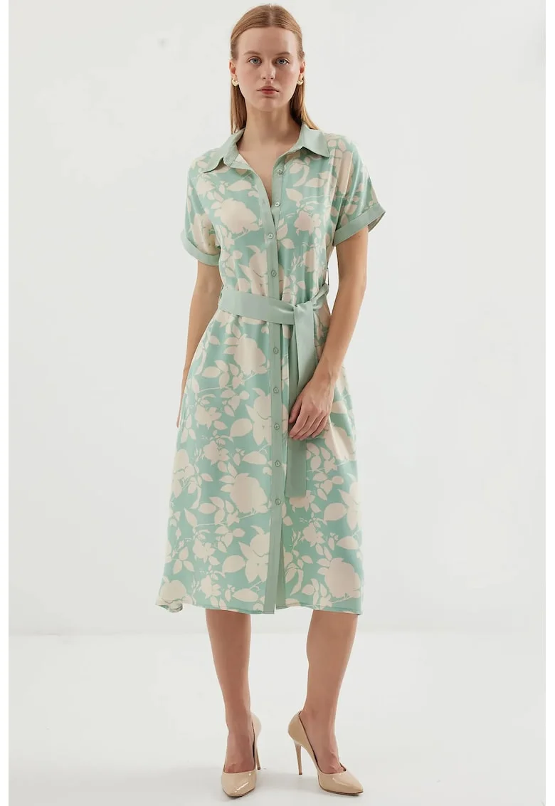Rochie midi dama HiCCUP, imprimeu floral, viscoza, verde/bej