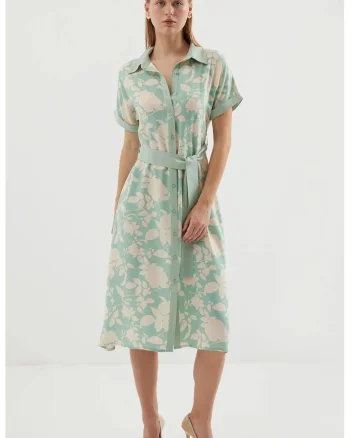 Rochie midi dama HiCCUP, imprimeu floral, viscoza, verde/bej