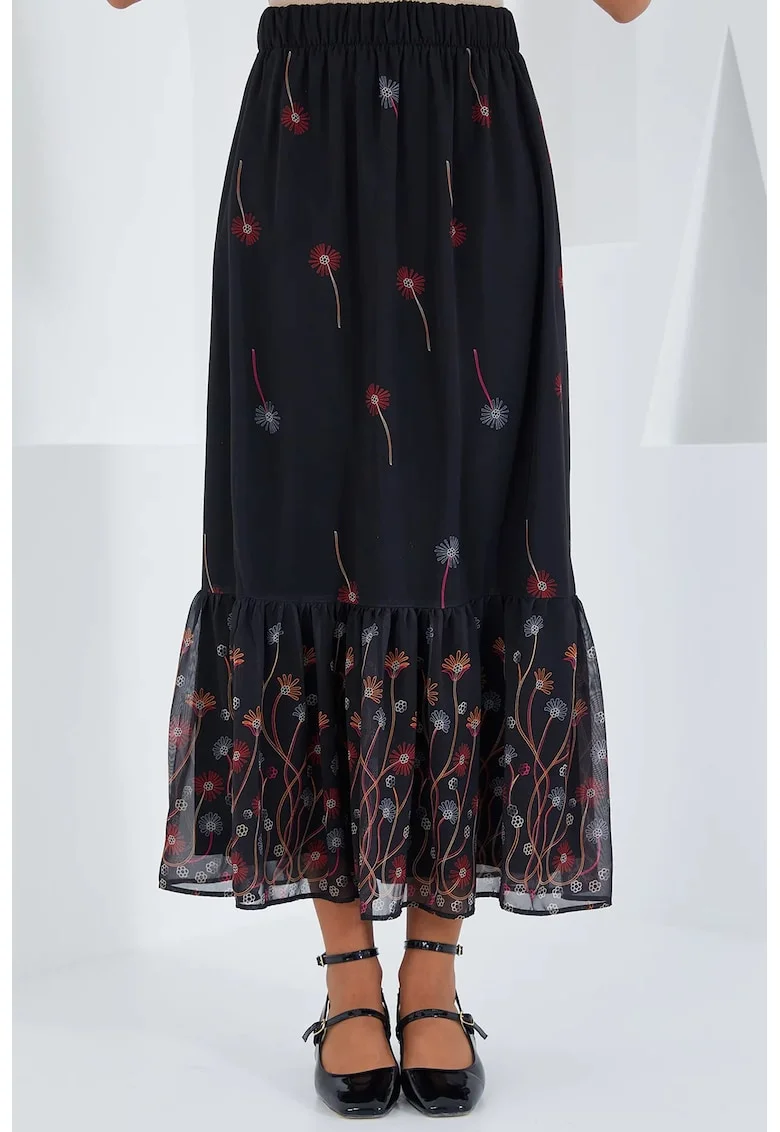 Fusta maxi, HiCCUP, imprimeu floral, negru, poliester