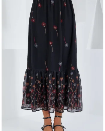 Fusta maxi, HiCCUP, imprimeu floral, negru, poliester