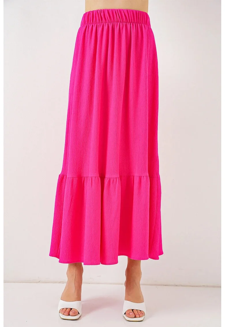 Fusta maxi HiCCUP, texturata, talie elastica, roz, poliester-lycra