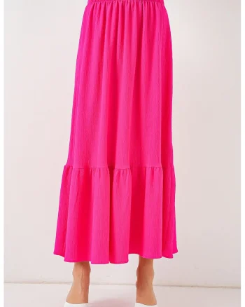 Fusta maxi HiCCUP, texturata, talie elastica, roz, poliester-lycra