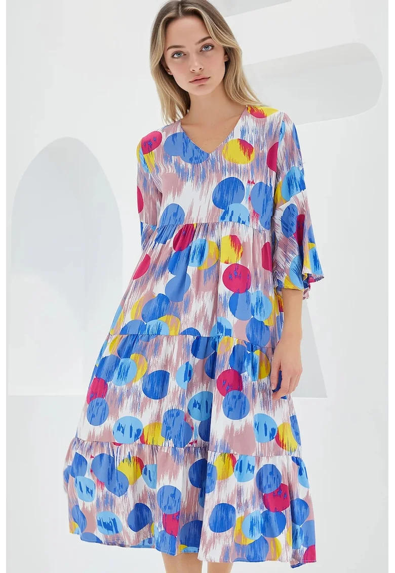 Rochie midi dama, HiCCUP, decolteu in V, viscoza, Multicolor