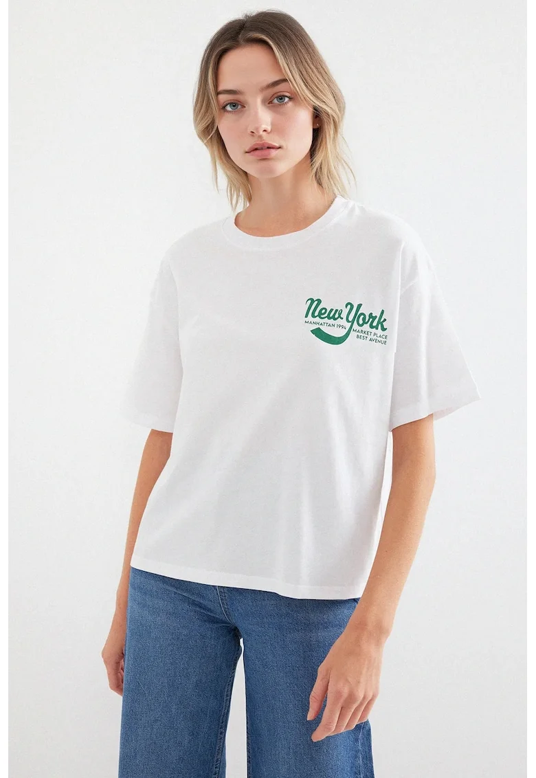 Tricou dama HiCCUP, guler rotund, croiala lejera, alb, bumbac