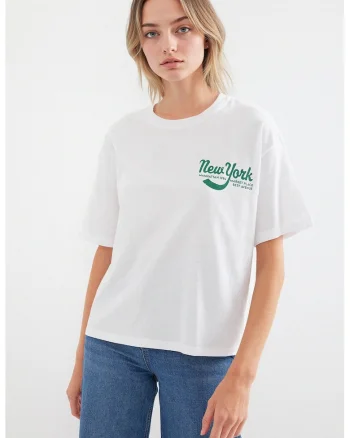 Tricou dama HiCCUP, guler rotund, croiala lejera, alb, bumbac