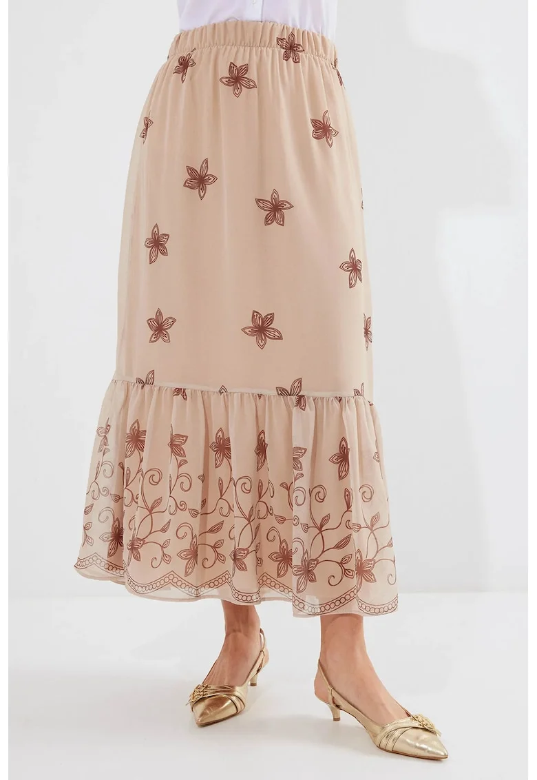 Fusta maxi, HiCCUP, imprimeu floral, culoare maro, poliester