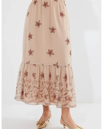 Fusta maxi, HiCCUP, imprimeu floral, culoare maro, poliester