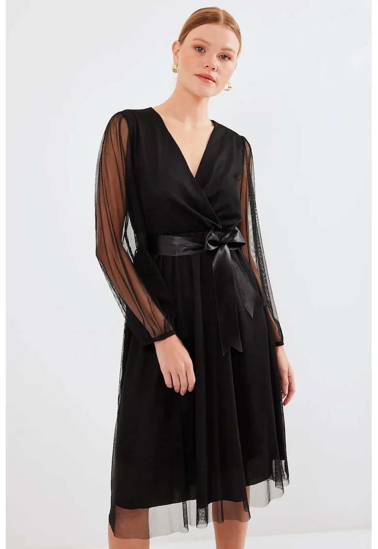 Rochie midi tul HiCCUP decolteu in V, negru, poliester, Negru