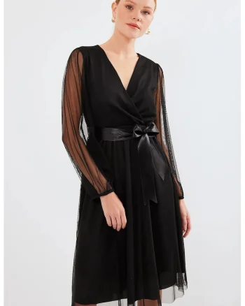 Rochie midi tul HiCCUP decolteu in V, negru, poliester, Negru