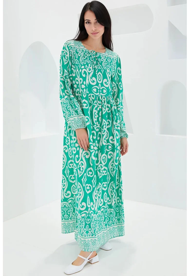 Rochie maxi dama, HiCCUP, inchidere cu snur, viscoza, verde/alb