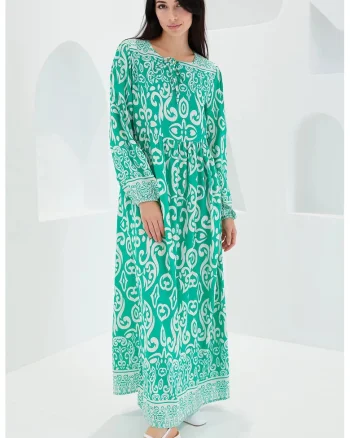 Rochie maxi dama, HiCCUP, inchidere cu snur, viscoza, verde/alb