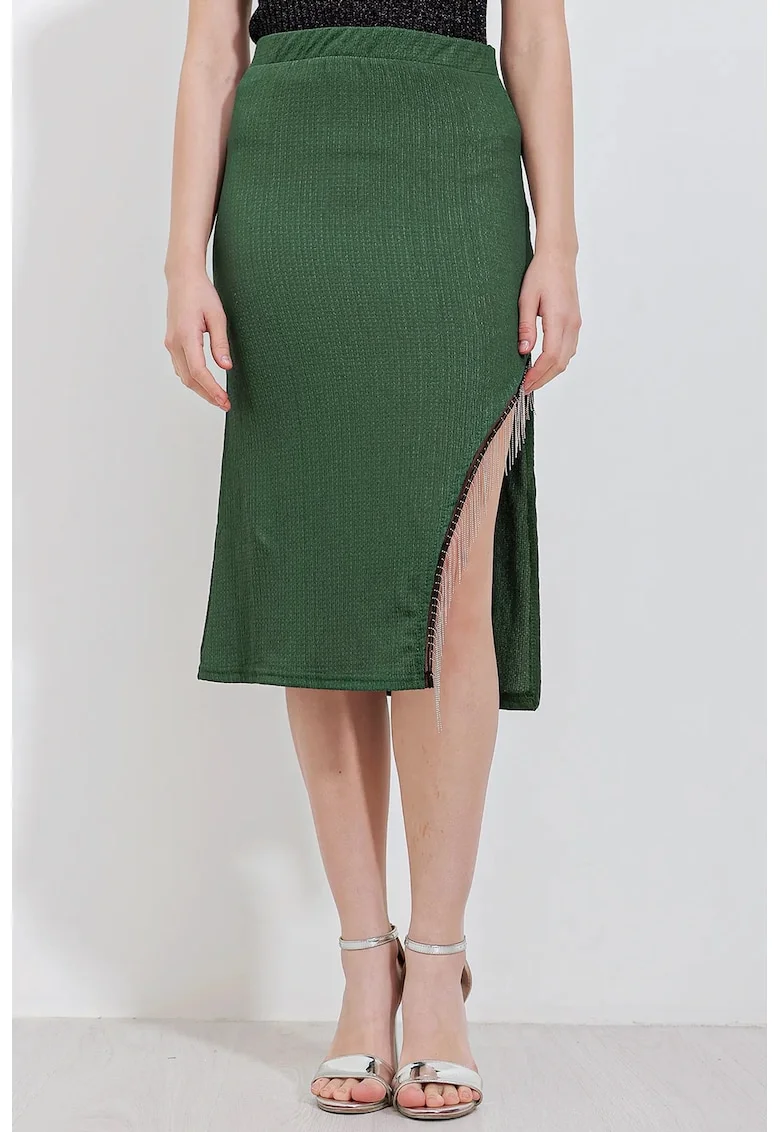 Fusta midi HiCCUP texturata, verde, poliester si lycra